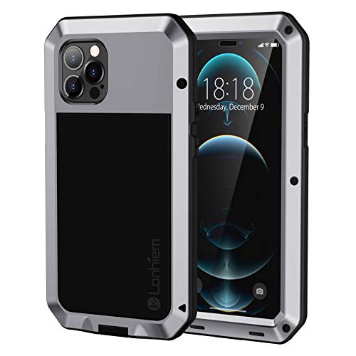 Lanhiem Funda iPhone 12 Pro MAX, [Rugged Armour] Antigolpes Metal Estuche Protectora, Absorción de Choque y Duradera Fundas con Protector de Pantalla Vidrio Carcasa para iPhone 12 Pro MAX, Plata