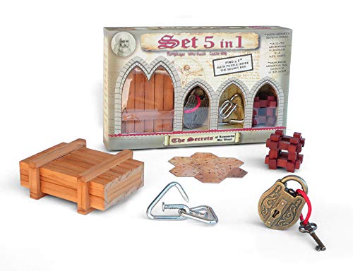 LOGICA GIOCHI Art. Set 5 en 1 - Serie Leonardo - 2 Rompecabezas de Madera + 2 de Metal + 1 Matemáticas - Dificultad: 3 x Difícil, 2 x Extrema