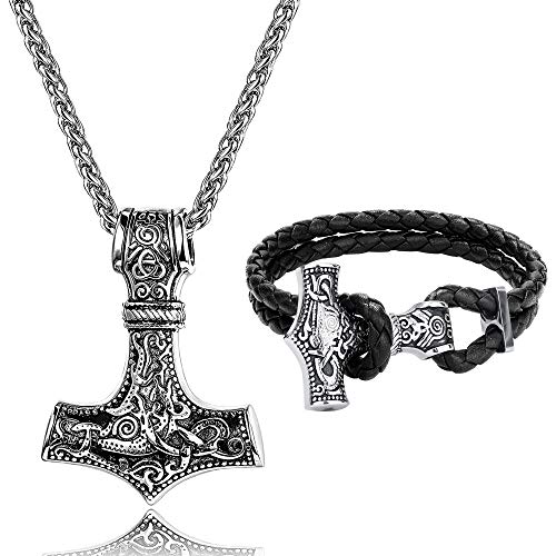 LOLIAS Vikingos Collar Hombre Pulseras para Hombre Mjolnir Collar con Colgante Martillo de Thor Acero Inoxidable Collar Negro Joyas Martillo de Thor Pulseras Cuero Regalo Vikingo Collar para Hombre