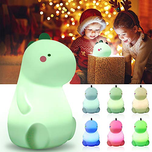 Luz Noche Dinosaurio Para Niños, Lámpara Guardería Sensor Táctil, Luz Noche Silicona LED Recargable USB 7 Colores, para Bebés y Niñas, Decoración Dormitorio, Regalos Navidad para Niños, Cumpleaños