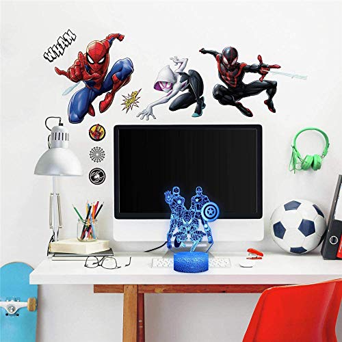 Luz nocturna de superhéroe, ilusión 3D, lámpara de noche con control táctil y control remoto, 16 colores, lámpara de decoración para niños (Iron Man A)