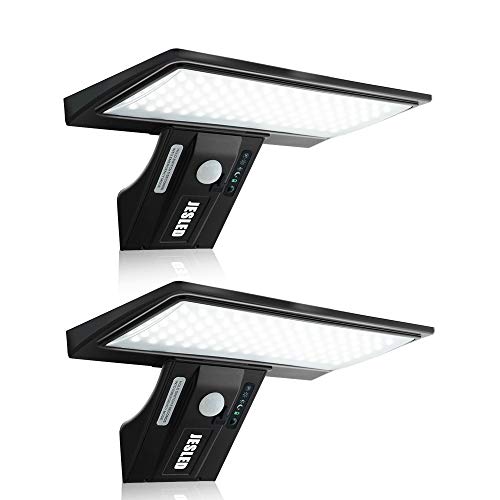 Luz Solar Exterior, 2-Paquete JESLED 90 LED Carga solar y USB, Foco Solar Potente con Sensor de Movimiento,Impermeable con 4 Modos Inteligentes para Jardín, Patio, Camino, Escalera