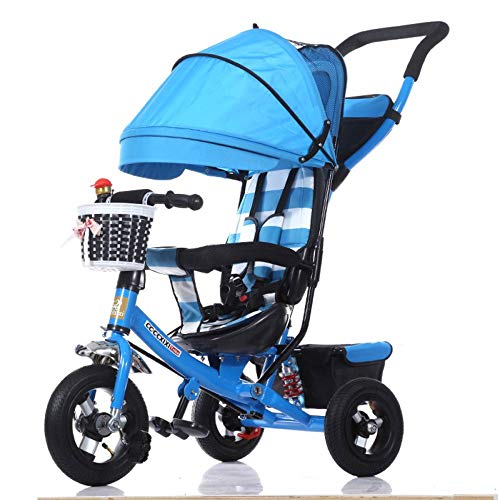 LZQBD Children's Fun/Niños de los niños del Triciclo del Cochecito Primera Bicicleta, 4 in1 Plegable WiRemovable Empuje Barra de la manija, la Rueda de Goma, Toldo, 2-6years, Azul