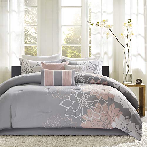 Madison Park Lola Sateen Cotton Comforter Set-Casual Medallion Floral Design All Season Down Alternative Bedding, Shams, Bedskirt, Decorative Pillows, Twin/Twin XL(68"x90"), Grey/Blush, 6 Piece