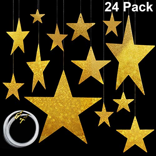 Maitys Recortes de Estrellas Colgantes con 4 Tamaños (6cm/ 12cm/ 20cm/ 30cm) Decoraciones de Patio de Estrella de Acabado Adorno Fiesta con Línea de Pesca de Cuenta de Nylon 50 m (Oro, 24)