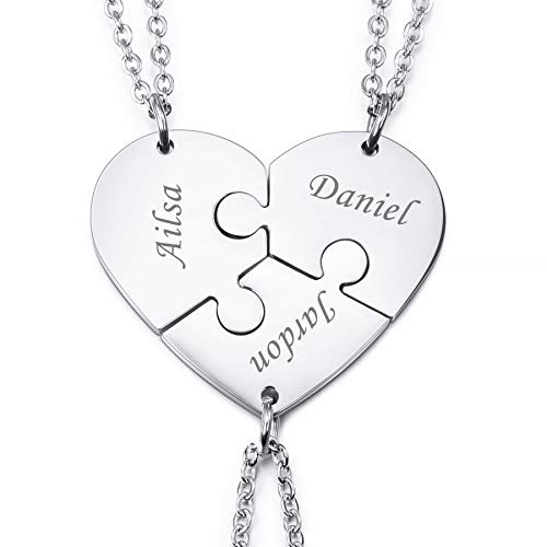 MeMeDIY Collar de Rompecabezas con Colgante de Corazón Personalizado Nombre para Parejas Hombres Mujeres Grabado para Novio Novia Conjunto de Amantes de Joyería para Amor Familiar Amistad (3 Piezas)