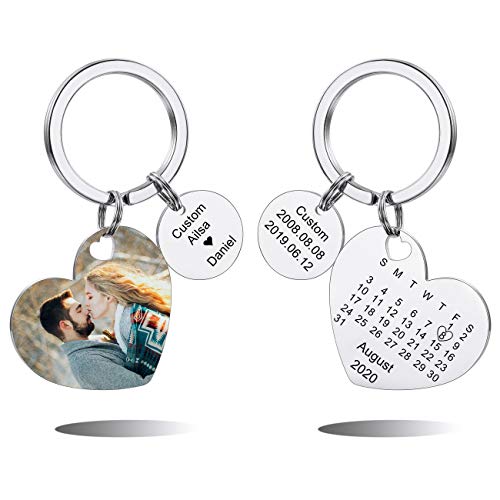 MeMeDIY Llavero Personalizado Aniversario Relación de Boda Regalos Grabado Nombres Fecha Foto Imágenes Llavero Personalizado de Acero Inoxidable para Hombres Mujeres Novio Novia (Redondo + Corazón)