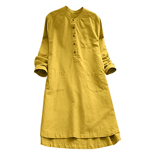 MERICAL Verano Moda Mujer Retro Manga Larga Casual Loose Button Tops Blusa Mini Vestido(Amarillo,Large)