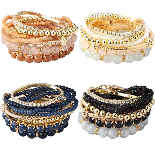 Milacolato 4 Sets Pulseras Apilables para Mujeres Niñas Pulseras de Cuentas de Múltiples Capas Estiramiento Brazaletes Estilo Bohemio