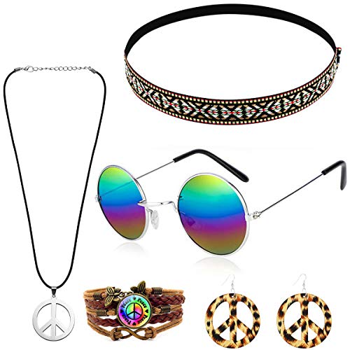 MMTX Conjunto de Disfraces Hippies Accesorios Hippies de la Paz Collar Pendientes Pulsera Diadema de Bohemio Gafas de Sol Hippy de Halloween Vestir para la Fiesta temática de los años 60 y 70