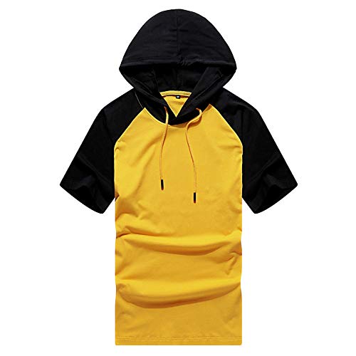 MOM Manga Corta Camiseta el Verano Hombres,Empalme Bloque de Color Gorra con Capucha Tee Al aire libre Joggers Chandal Arriba MOM/amarillo/M