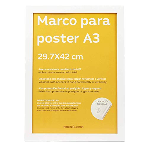 Nacnic Marco Blanco para Fotos, Posters, láminas, Diplomas. Tamaño(A3-29.7x42 cm).Robusto de MDF y Frontal de plexiglas.Marco Blanco para Colgar