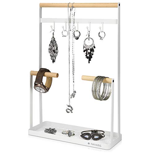 Navaris Organizador de joyas con barras y ganchos - Soporte para collares de metal con plato para guardar pendientes anillos pulseras - blanco