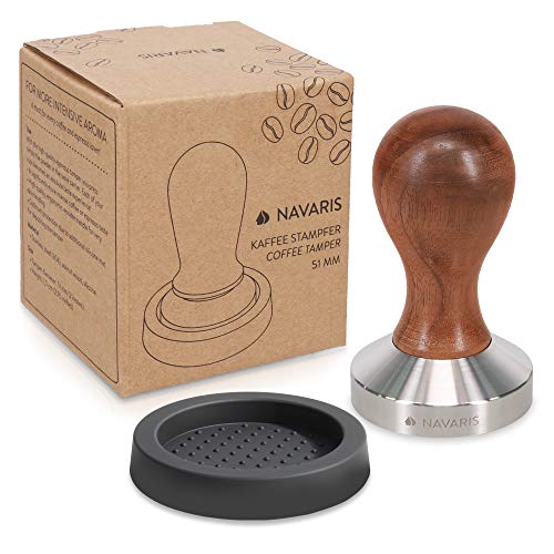 Navaris Prensador de café 51 MM - Tamper de Madera y Acero Inoxidable con Base Plana - Pisón clásico con Alfombrilla para prensar café Espresso