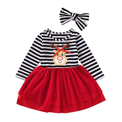 Navidad POLP Vestidos de Tul con Estampado de Rayas y Ciervos Navideños para Bebés Niñas Vestidos y Diadema Set Vestidos de Manga Larga de Malla Niñas Disfraz Fiesta