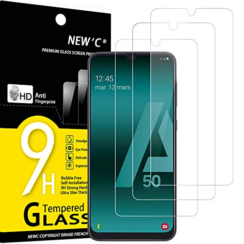 NEW'C 3 Unidades, Protector de Pantalla para Samsung Galaxy A50 (SM-A505F), Antiarañazos, Antihuellas, Sin Burbujas, Dureza 9H, 0.33 mm Ultra Transparente, Vidrio Templado Ultra Resistente