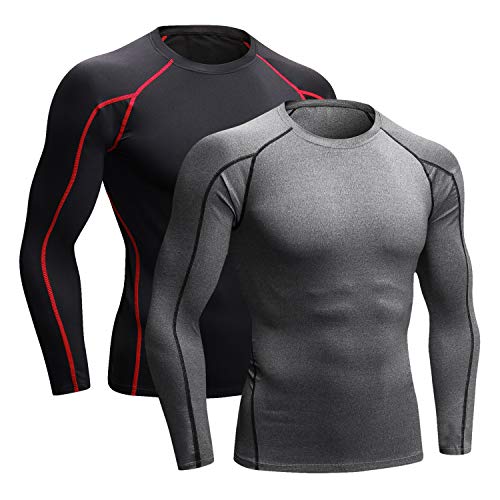 Niksa 2 Piezas Camisetas de Fitness Compresión Ropa Deportiva Manga Larga Hombre para Correr, Ejercicio,Gimnasio 1059 (Small(Fit Chest 34"-36"), (Manga Larga) Gris Negro+Negro Rojo)