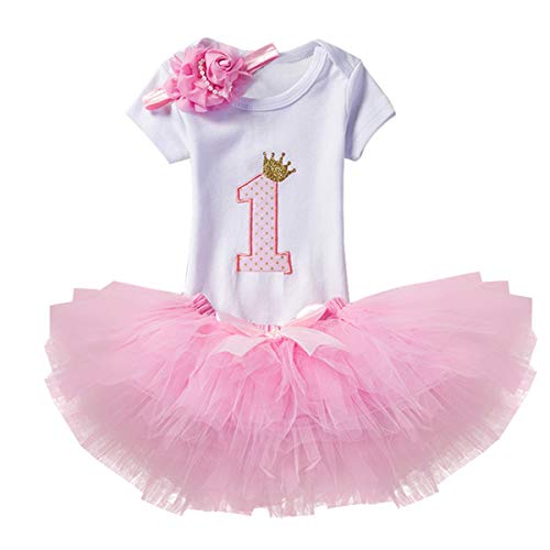 NNJXD Recién Nacida Tutú Primer Cumpleaños 3 Piezas Trajes Mameluco + Falda y Diadema Tamaño (1) 1 Año Rosa