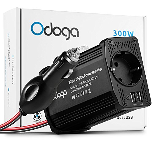 Odoga Inversor de Corriente para Coche de 300W, convertidor de 12V de CC a 220V de CA con Puertos Doble USB 4.8A - Carga tu Ordenador portátil, iPad, iPhone, Tablet, Consolas y Otros