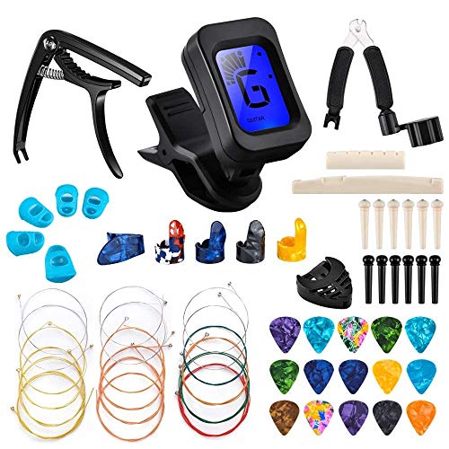 Olycism Kit de Accesorios de Guitarra 61Pcs Incluye Púas Cejilla Afinador Cuerdas Guitarra Herramienta de Guitarra Pasadores de Puente 6 Sillines de Hueso de Guitarra 5 Protector de Dedos Silicona