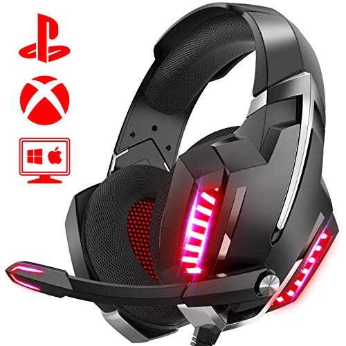 ONIKUMA Cascos Gaming, Auriculares PS4 con Sonido envolvente Efecto de cancelación de ruido Micrófono y luz LED, Auriculares Gaming Compatible con Xbox One/ PC /Laptop