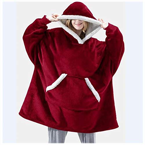 Oversized Manta Tamaño Usable Con Capucha Sudadera Para Mujeres, Lana Cordero Doble Cara Sportsweater Lazy Manta Con Mangas Y Bolsillo Un Tamaño Gigante,Red