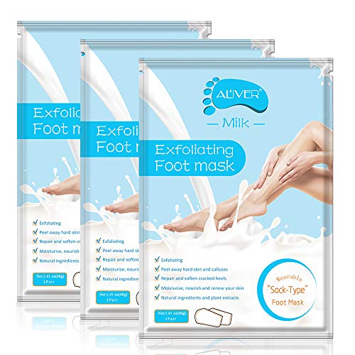 Paquete de 3 mascarillas exfoliantes para los pies, calcetines exfoliantes para los pies, callosidades, removedor de piel muerta, mascarilla exfoliante para los pies con aloe para pieles secas