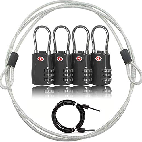 Paquete de cerraduras de equipaje TSA, candado de combinación de dígitos y cerradura de seguridad de viaje con combinación de cable de acero, Negro 4 unidades L