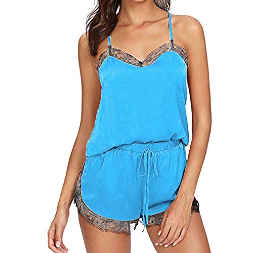 Pijamas Mujer Camisón Conjunto De Dos Piezas De Cami De Satén con Adornos De Encaje, Pijamas Y Pantalones Cortos para Mujer, Conjuntos De Lencería Inalámbrica Sexis, Ropa De Dormir De Satén De Ve