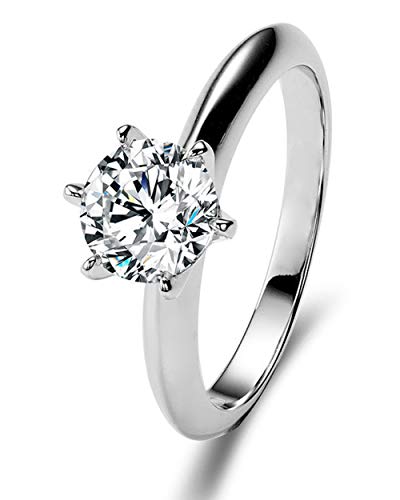 PINGTOUGE Anillo de compromiso de plata de ley chapada en platino con 6 puntas de 1 quilate, 6,5 mm, color D VVS1, solitario de moissanita brillante para mujer