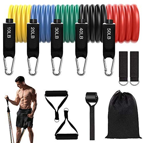 Plartree Banda de Resistencia, 11 Pcs Banda Elástica para Musculación de Látex 150 LBS, Banda de Fitness con Muñequera Anclaje de Puerta para Ejercicio, Yoga, Pilates