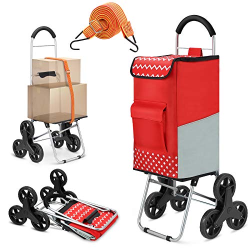 Popolic Carrito de Compra, Carro Plegable, Carro Compra con 6 Ruedas, Escalada Carro, Bolsa de Rxtraíble Impermeable, Altura 110 cm - Rojo