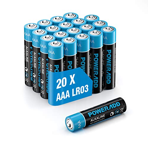 Poweradd Pilas Alcalinas AAA Baterías LR03 de 10 Años Larga Duración para Linternas, Relojes, Mandos a Distancia, Juguetes-20 Unidades de 1.5V