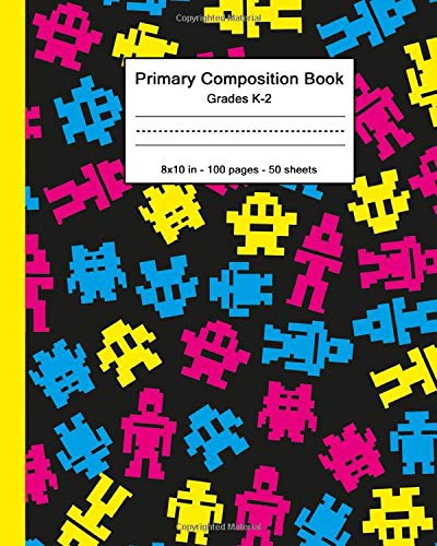 Primary Composition Book: Grades K-2 Composition School Book with Picture Space - Story Paper Journal & Handwriting Exercise Notebook with Dashed ... - Space Invaders Pattern for Video Game Lover