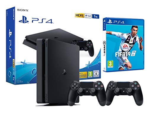 PS4 Slim 1Tb Negra Playstation 4 Consola + 2 Mandos Dualshock 4 + FIFA 19