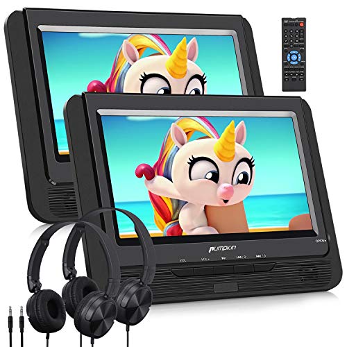 PUMPKIN 9" DVD Reproductor para Coche con 2 Auriculares y 2 Pantallas, DVD Portátil para Reposcabezas de Coche con Batería Regable soporta Tarjeta SD/USB/DVD/CD Región Libre