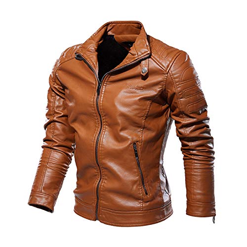 qishi Chaqueta de piel sintética para hombre, con cuello alto, para motocicleta, para hombre.