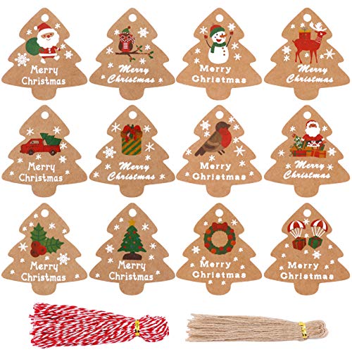 Qpout 120pcs Christmas Kraft Paper Tags,Xmas Tree Hanging Tags Label Parcel For Present