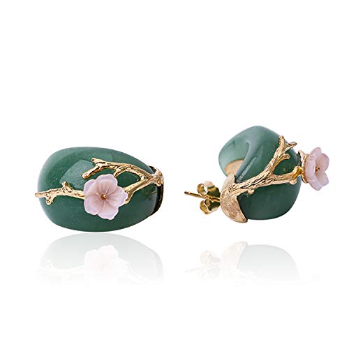 ♥ Regalo para Navidad♥ JIANGYUYAN S925, pendientes de botón de plata esterlina, flor de ciruelo, cristal rosa natural, joyería única hecha a mano para mujeres y niñas(Green-Gold)