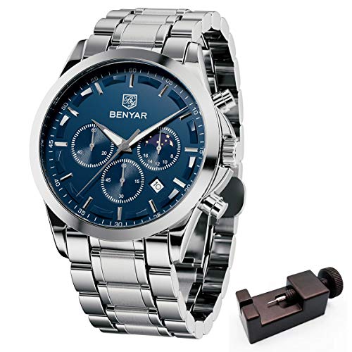 Relojes de Acero Inoxidable para Hombre BENYAR Cronografo Movimiento Cuarzo 3AMT Impermeable Diseño Casual de Negocios Relojes de Pulsera Regalo Elegante