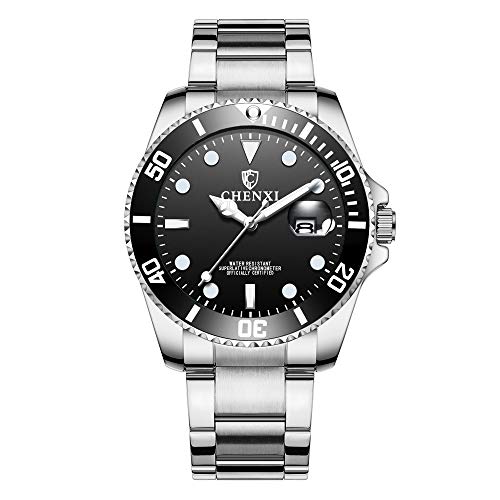 Relojes Submariner Clásico Relojes Calendario para Hombre Acero Inoxidable, Negro