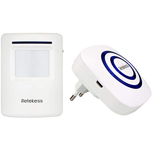 Retekess T801 Inalámbrico Timbre de Alarma para la Puerta con Sensor de Movimiento PIR Infrarrojo Detector de Timbre del Sensor Ideal para Tiendas Mercados y Familias (Blanco) T801