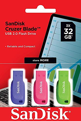 SanDisk Cruzer Blade SDCZ50C-032G-B46T - Memoria USB 2.0, Pack 3 Unidades de Colores Azul/Rosa/Verde, 32 GB