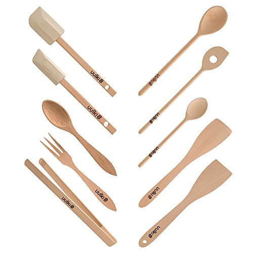 Set de 10 utensilios de cocina ecológicos de madera de haya de las Ardenas Uulki® (cucharas de cocina, espátula para girar, pinzas de alimentos...)