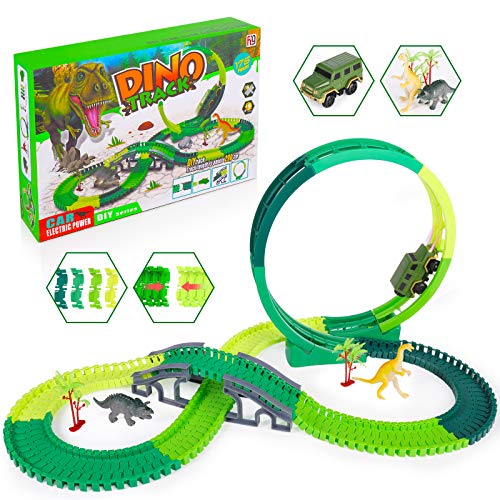 SHANNA Pistas de Dinosaurios Juguete Coche de Carreras Juego de Juguetes Vías de Tren Flexibles Juego de Rompecabezas Dinosaurio Juguetes para niño Niña Cumpleaños (Pistas Juguete A)