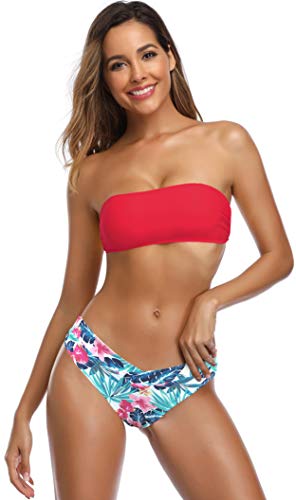 SHEKINI Bikini con Cuello Redondo y Top de Tubo Dividido para Mujer Que Imprime Traje de baño Cruzado en Forma de V de Cruz en Forma de V (S, Rojo)