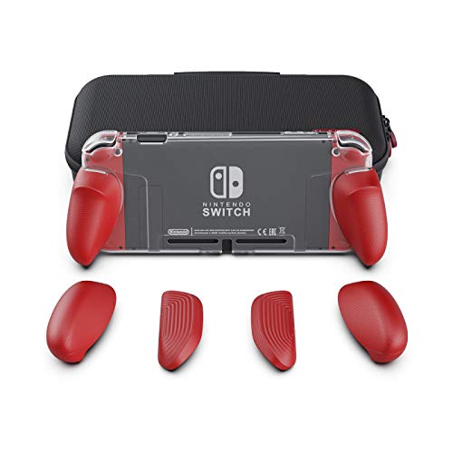 Skull & Co. GripCase Crystal Bundle: A Dockable Transparent Protective Cover Case with Replaceable Grips [to fit All Hands Sizes] for Nintendo Switch - Mario Red [Super Mario Odyssey Edition]
