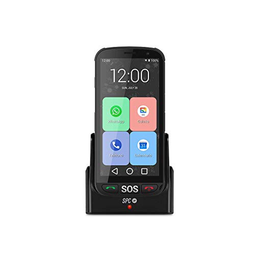 SPC Apolo - Smartphone para Personas Mayores con botón SOS, Botones físicos para Colgar y descolgar, Base de Carga, Iconos XXL, Pantalla de 5”, 16GB de Memoria Ampliable, Android 10 - Negro