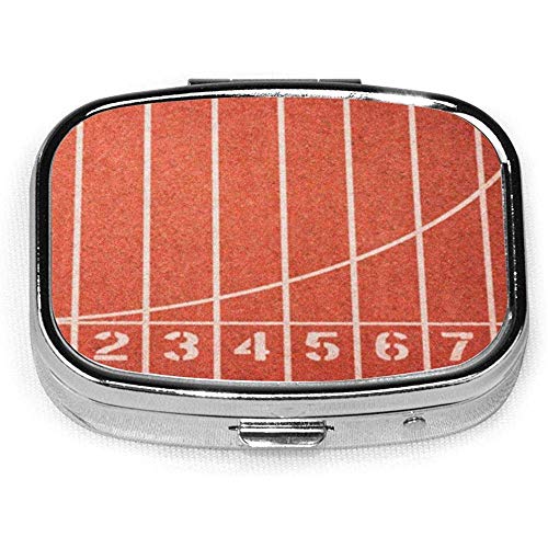 Square Pill Case With 2 Compartment Portable For Pocket Purse Travel Colorful Run Running Track Lane Numbers Red Field Road Athletic