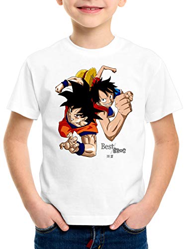 style3 Goku Ruffy - Best Bro's Camiseta para Niños T-Shirt Sombrero z Saiyan, Color:Blanco, Talla:116